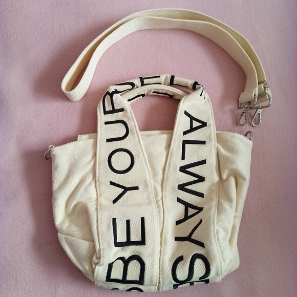 Zara Cream Canvas Handbag with Crossbody Strap "Be Yourself Always" NWOT - Picture 3 of 8